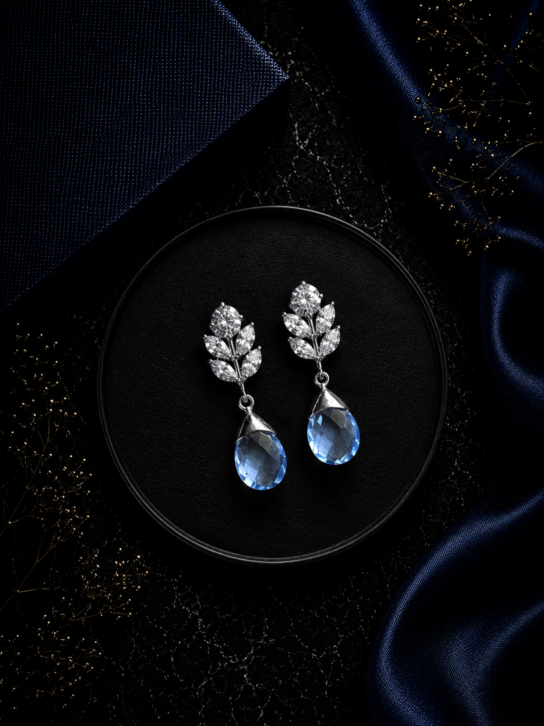 3.5 cm long marquise cut cz stone studs with light blue drops in pure silver