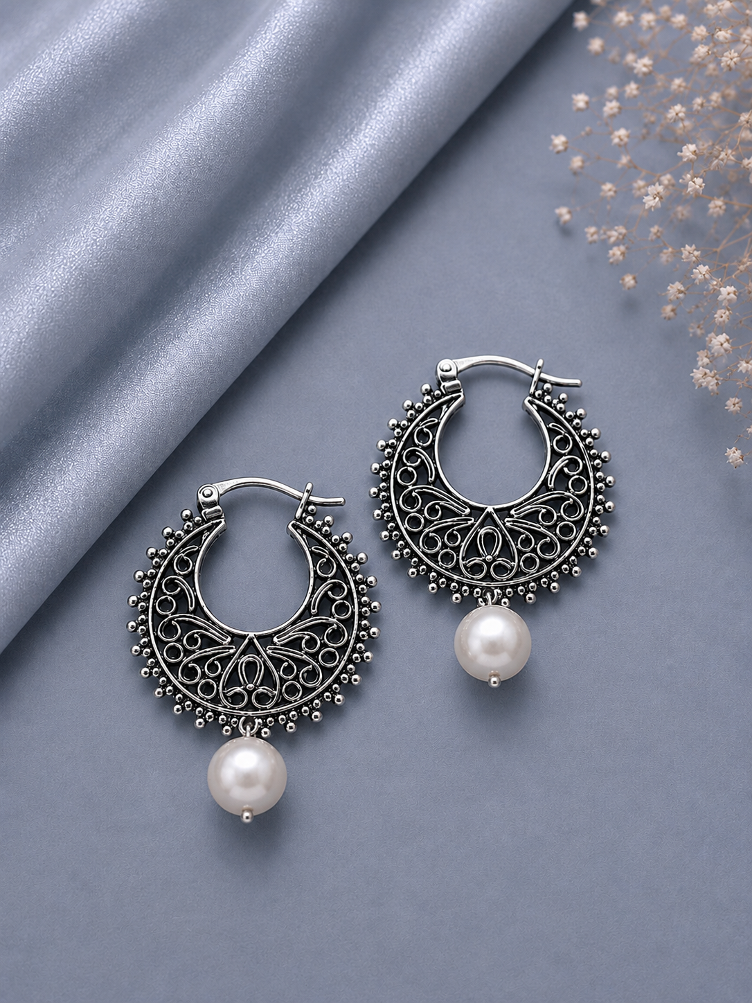 Filigree cut work balis with single round pearl drops in pure silver