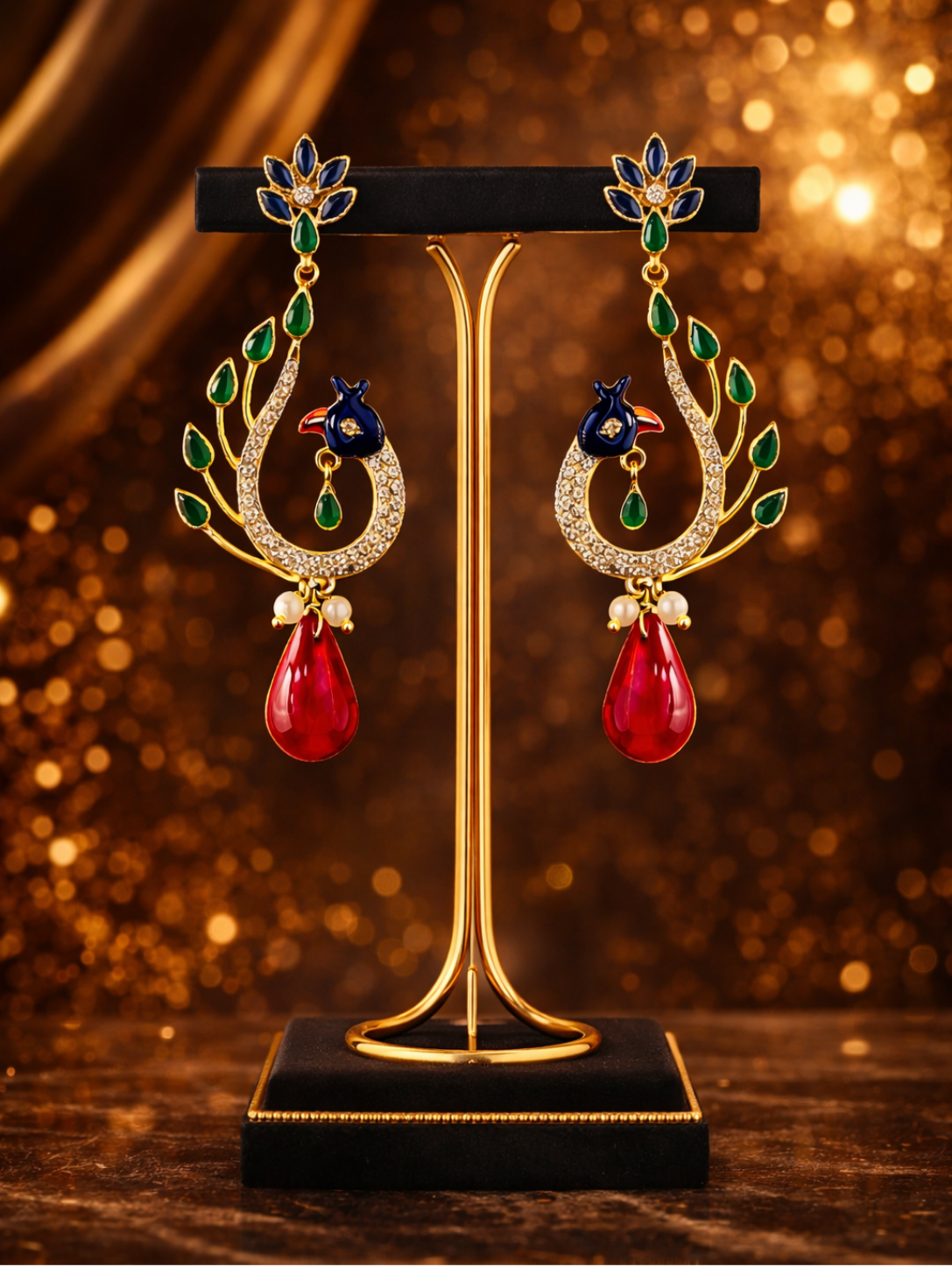 Statement peacock pattern multi cz studded danglers with meenakari work in pure silver