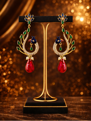 Statement peacock pattern multi cz studded danglers with meenakari work in pure silver