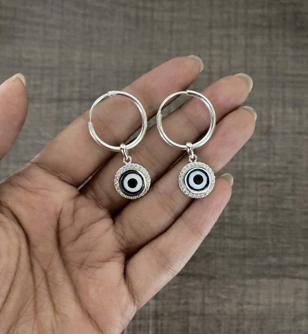 2cm thick balis with evil eye and cz stone border hangings in pure silver