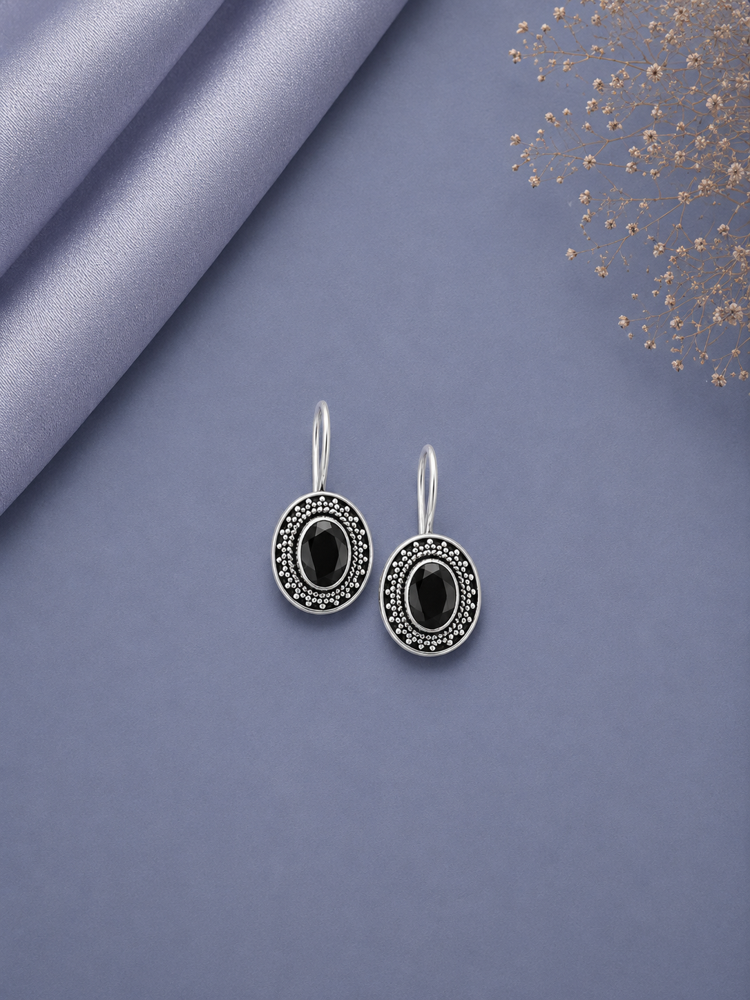 Oval rava work black cz loops in pure silver
