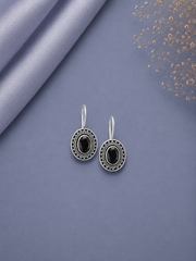 Oval rava work black cz loops in pure silver
