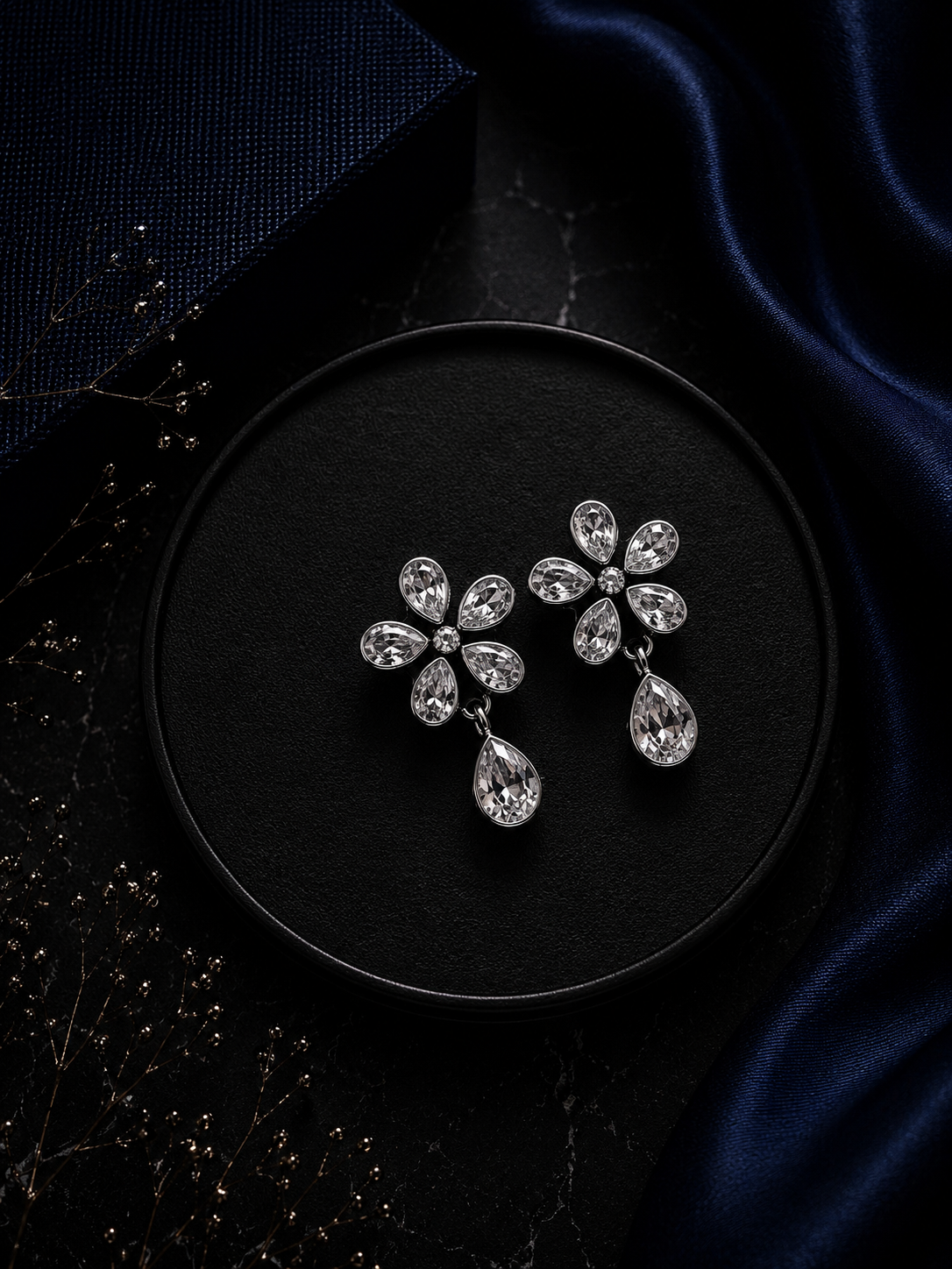 Flower with tear drop cz stone bezel setting studs in pure silver