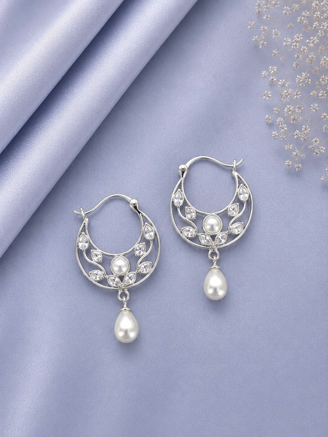 Floral pattern cz stone balis with pearls set in and pearl drops in pure silver