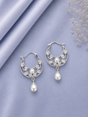 Floral pattern cz stone balis with pearls set in and pearl drops in pure silver