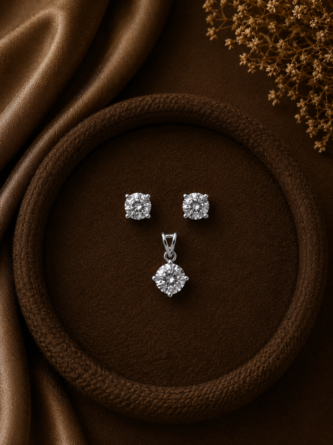 7mm four prong cz stone studs with an 8mm cz stone pendant in pure silver