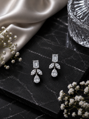 Emerald cut, marquise and tear drop shape cz stone diamond look dangler in pure silver
