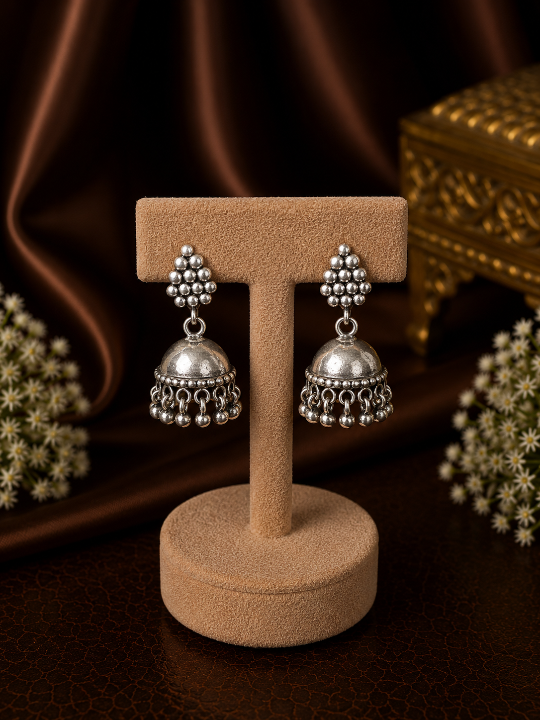 Grape cluster pattern stud with antique hammered texture jhumkas in pure silver