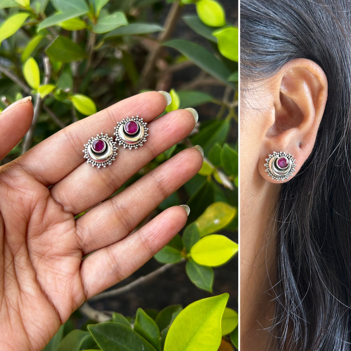 Chandbali studs with a Ruby center in pure silver