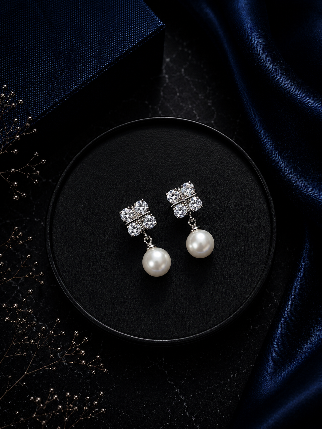 Four cz stone studs with round 10mm pearl drops in pure silver