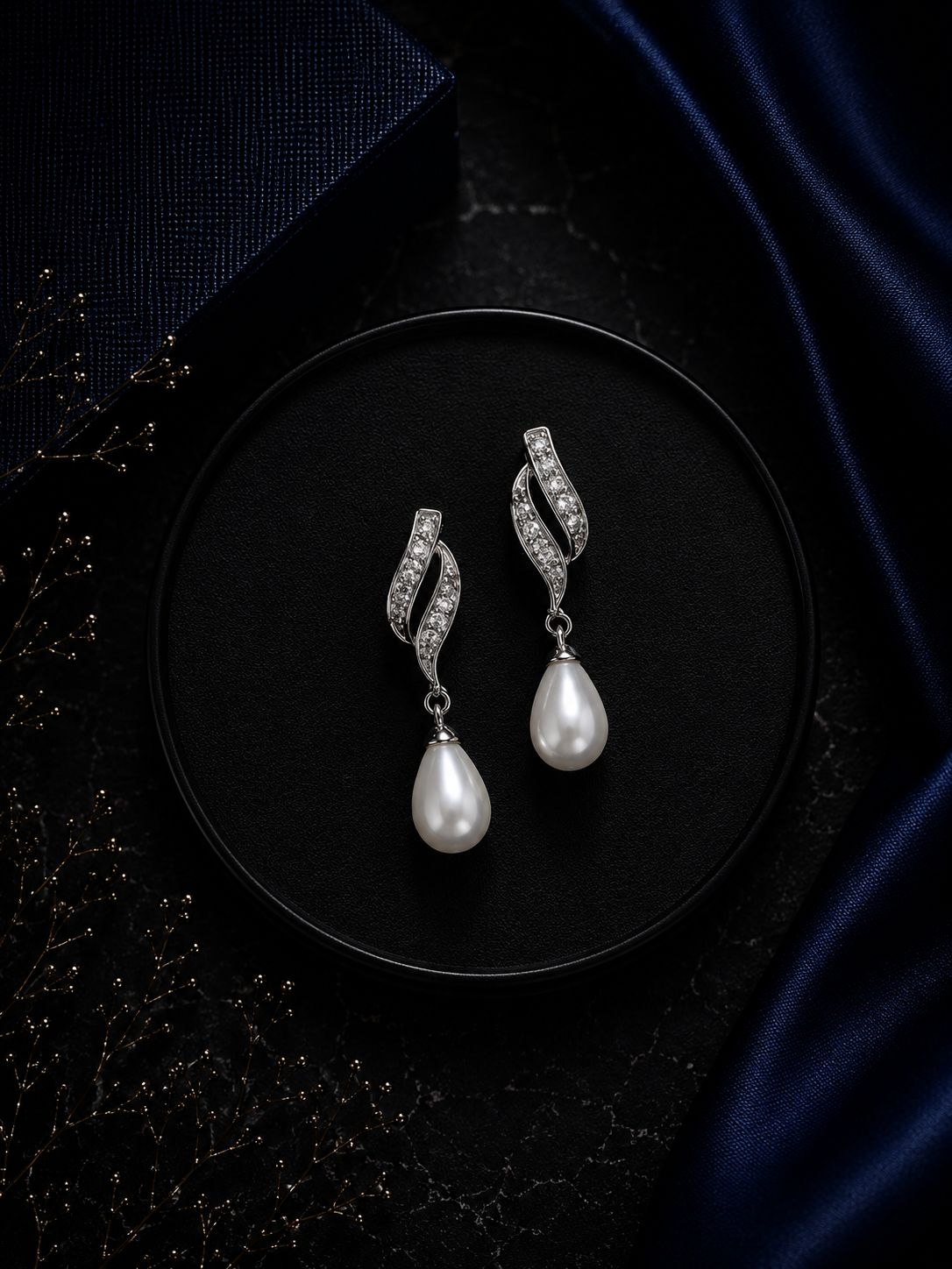 Compact cz stone pearl hanging (3.4 cm long) studs in pure silver