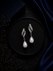 Compact cz stone pearl hanging (3.4 cm long) studs in pure silver