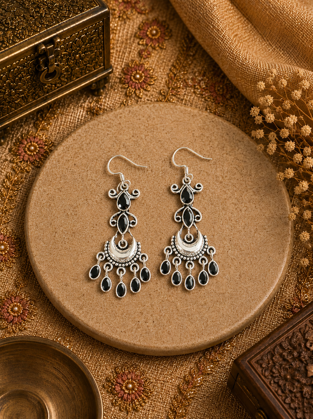 Black cz cut stone chandbalis danglers in pure silver