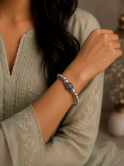 Round beads with carving cut work and wire work adjustable kada in pure silver