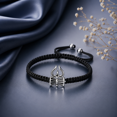 Pure silver Damru-Trishul adjustable hand braided bracelet