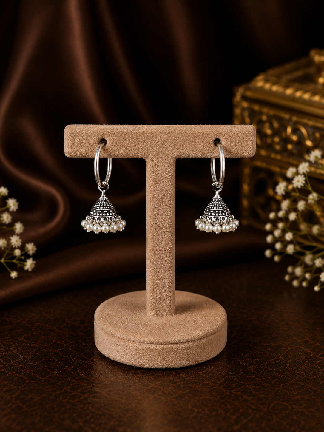 1.8cm diameter plain balis with tiny antique finish carving work jhumkas and shell pearls in pure silver