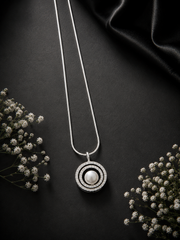 Two studded circle pearl center pendant with a 20inch shiny chain in pure silver