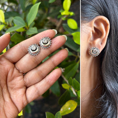 Chandbali studs with a transparent cz center in pure silver