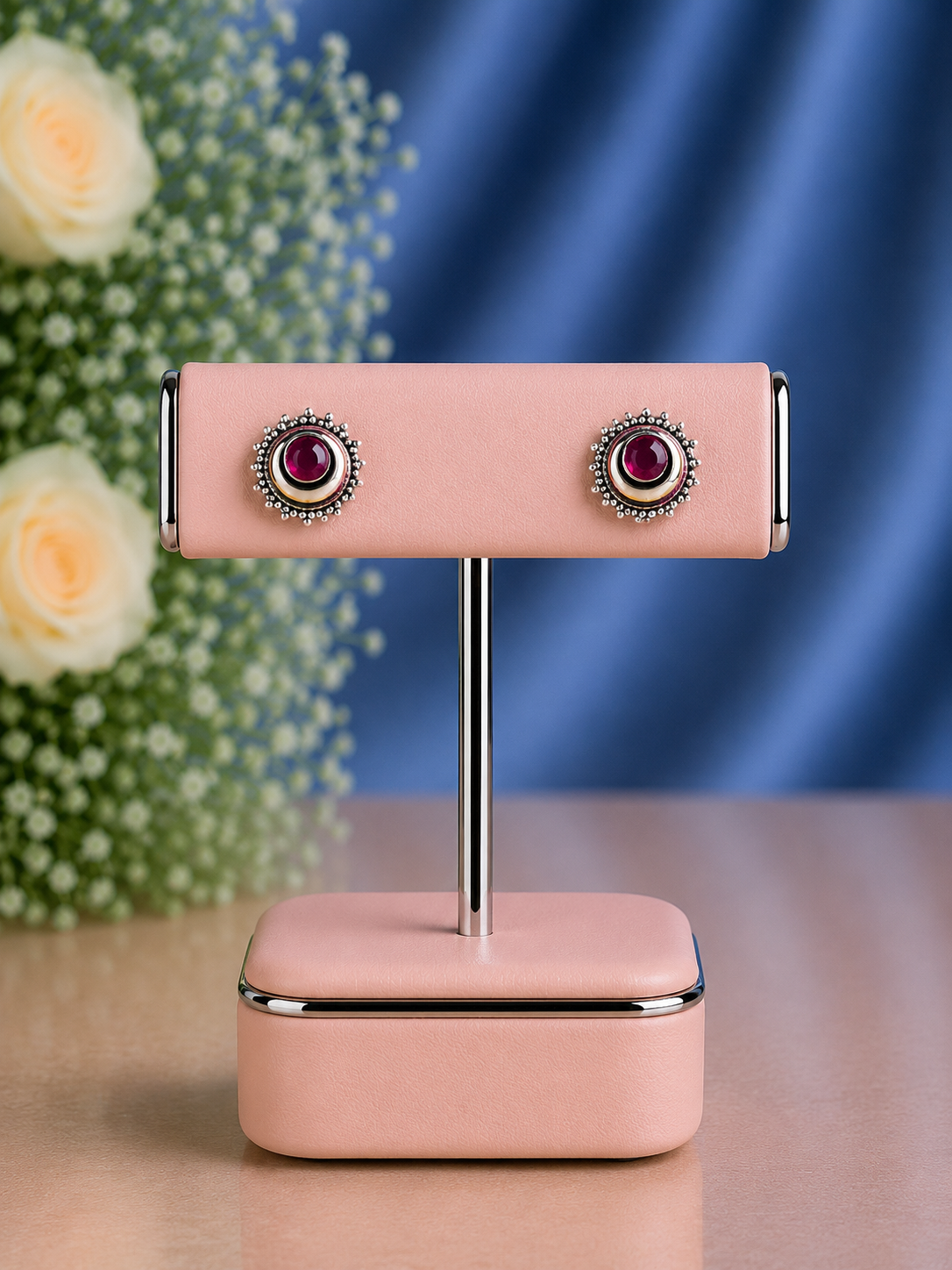 Chandbali studs with a Ruby center in pure silver