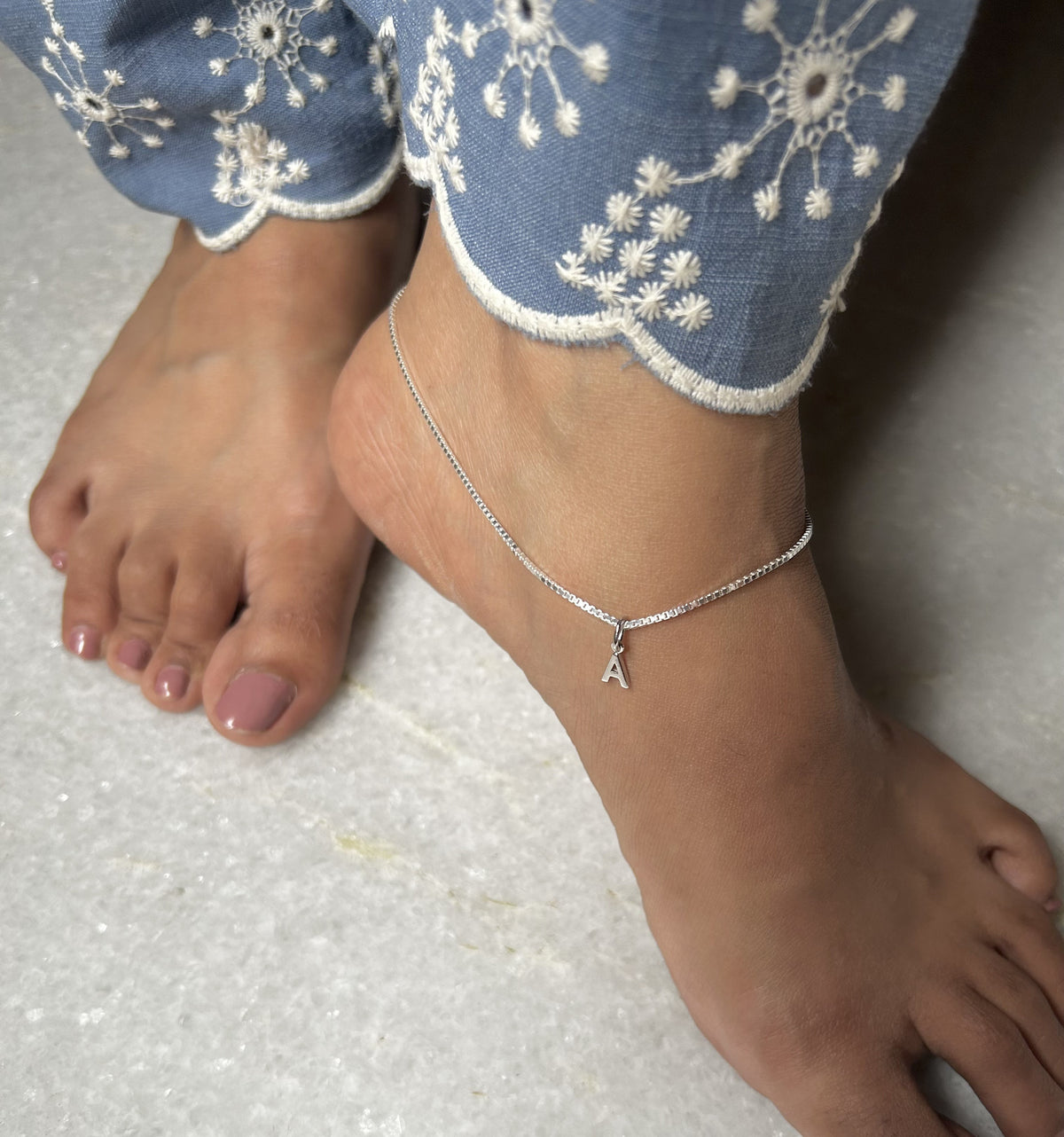 Sleek anklet with Alphabet charm in pure silver