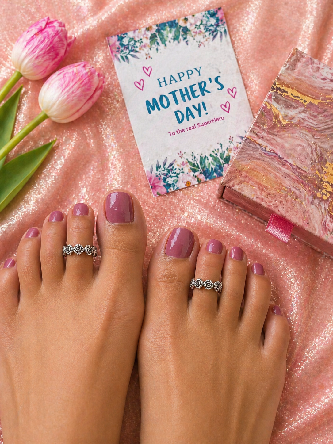 Our Best selling Rose pattern toe ring in pure silver (one pair)