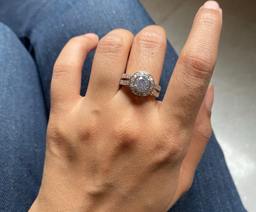Bold multi cz stone round halo,two line ring with a half studded band in pure silver