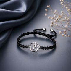 Pure silver adjustable Om motif hand braided bracelet