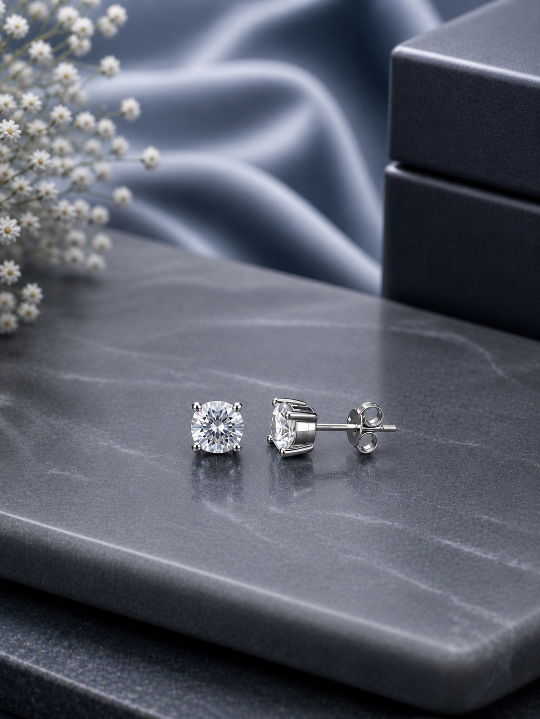 7mm single cz four prong grain setting studs in pure silver