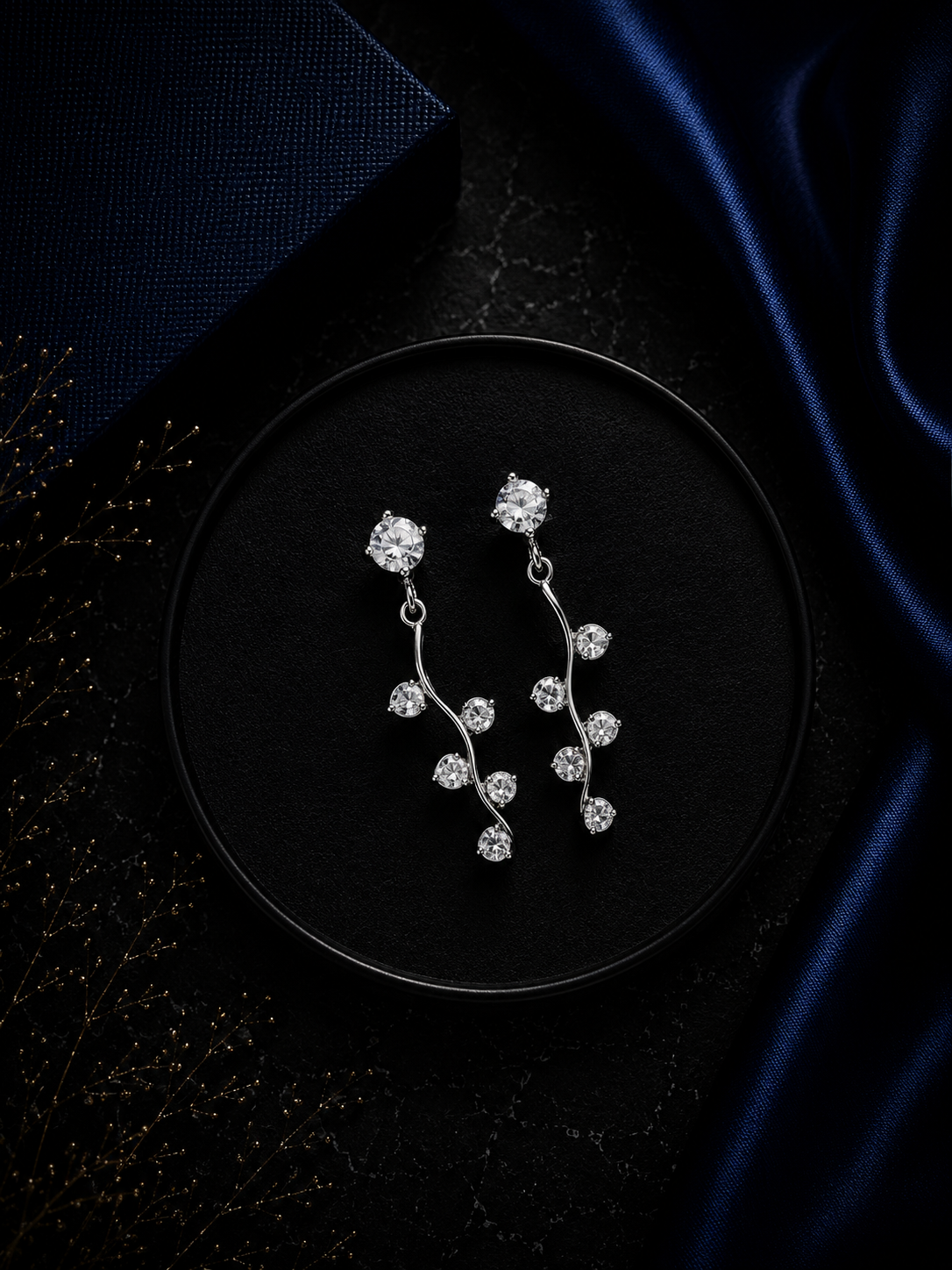 3 cm long six cz stone dangling studs in pure silver