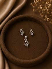 'V' with single cz stone earrings and pendant set crafted in pure silver