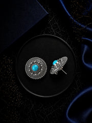 Big size 2.5 cm diameter rava and carving work studs with a turquoise stone center in pure silver