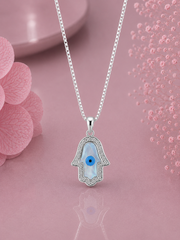 Hamsa pendant with cz stones and an 18’’ chain in pure silver