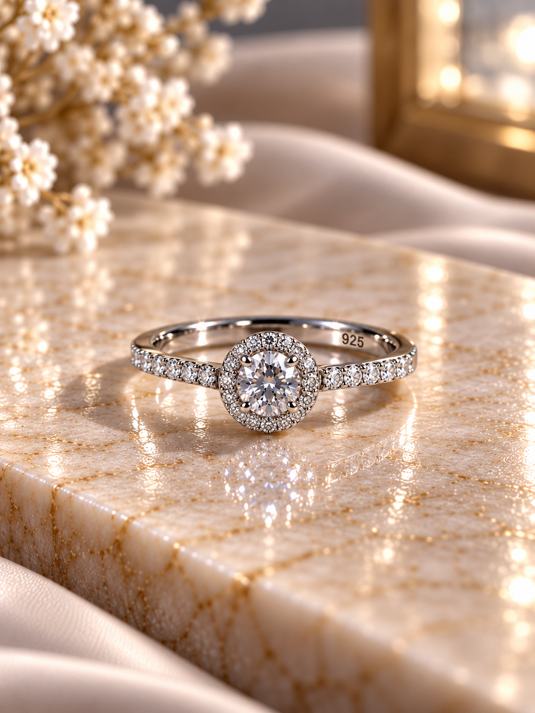 Compact round halo ring with a half studded band in pure silver