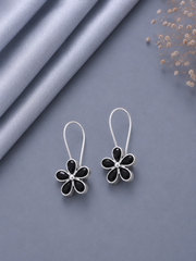 Black cz cut stone flower loops in pure silver (small)