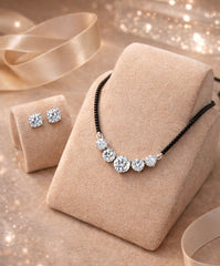 Five cz stone 18'' long mangalsutra with matching 7mm cz studs in pure silver