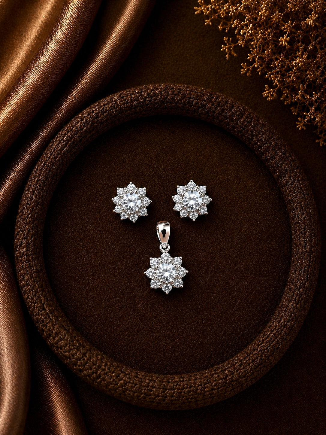 1 cm diameter multi cz stone compact flower pattern earrings and pendant set in pure silver