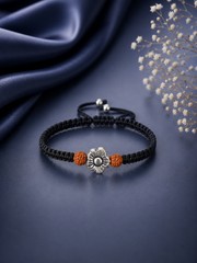 Flower motif and Rudraksh beads adjustable black thread bracelet in pure silver