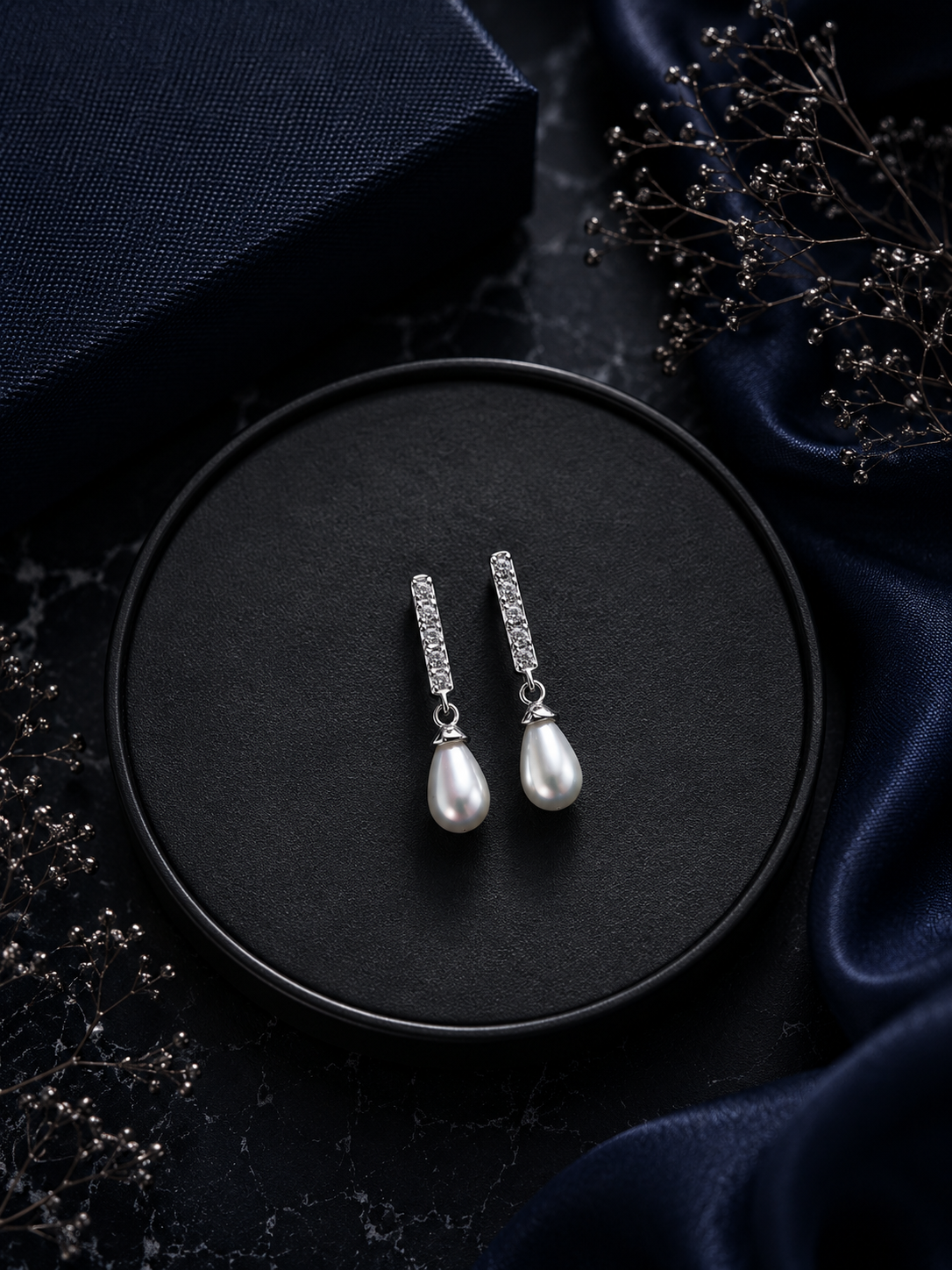 Five cz stone tiny pearl drop studs in pure silver