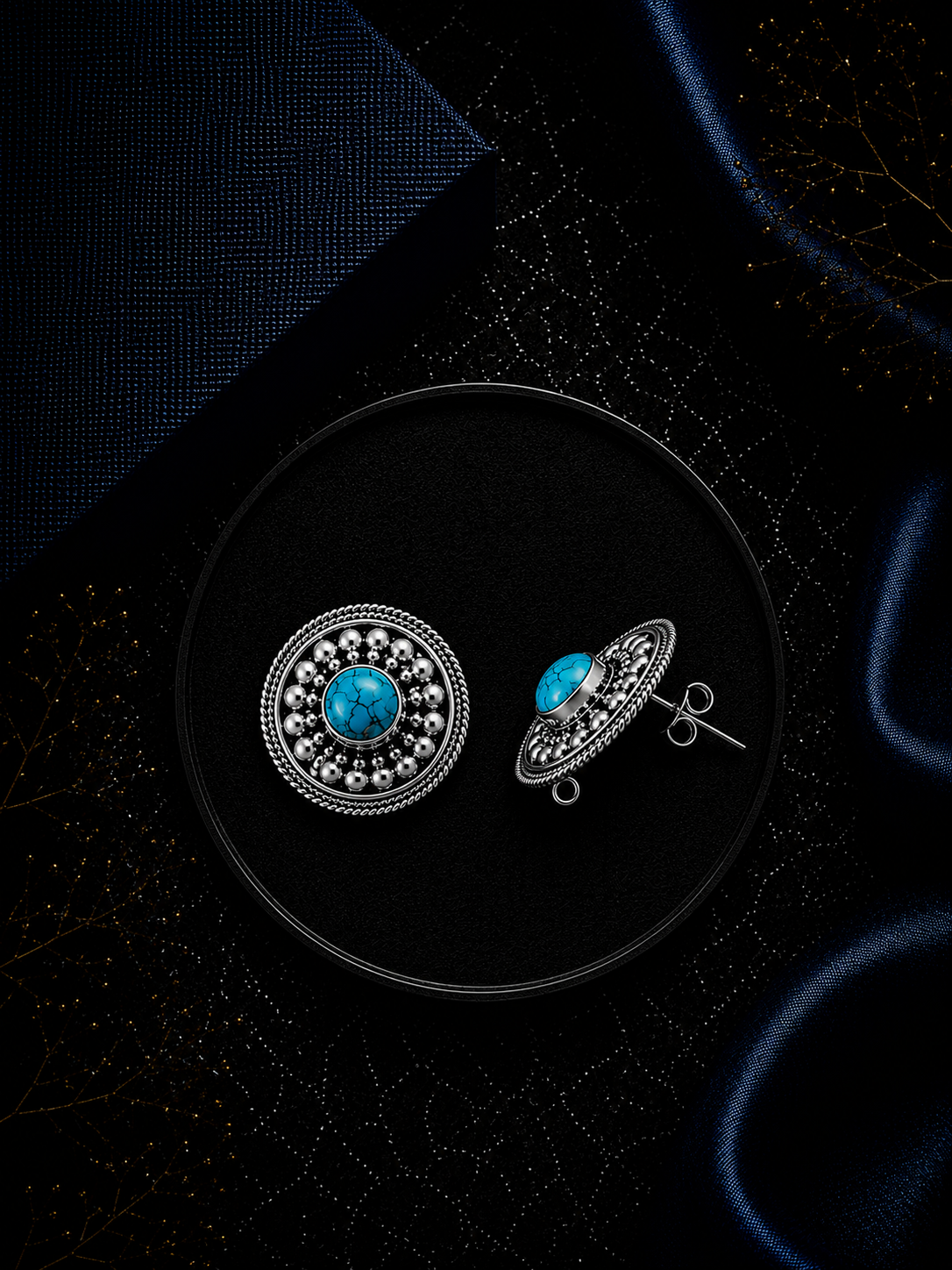 2.1 cm diameter carving rava work studs with a turquoise stone center in pure silver