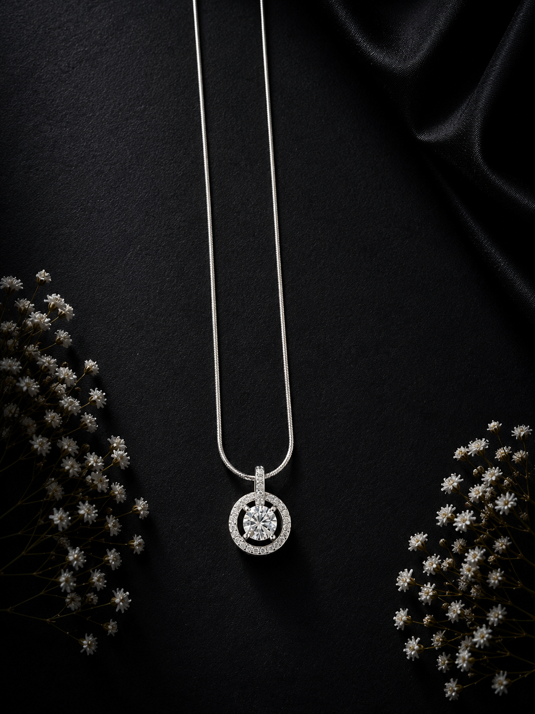 Round halo setting cz stone pendant with a 20inch shiny chain in pure silver h