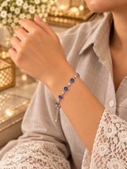 Flower evil eye with cz stones adjustable bracelet in pure silver