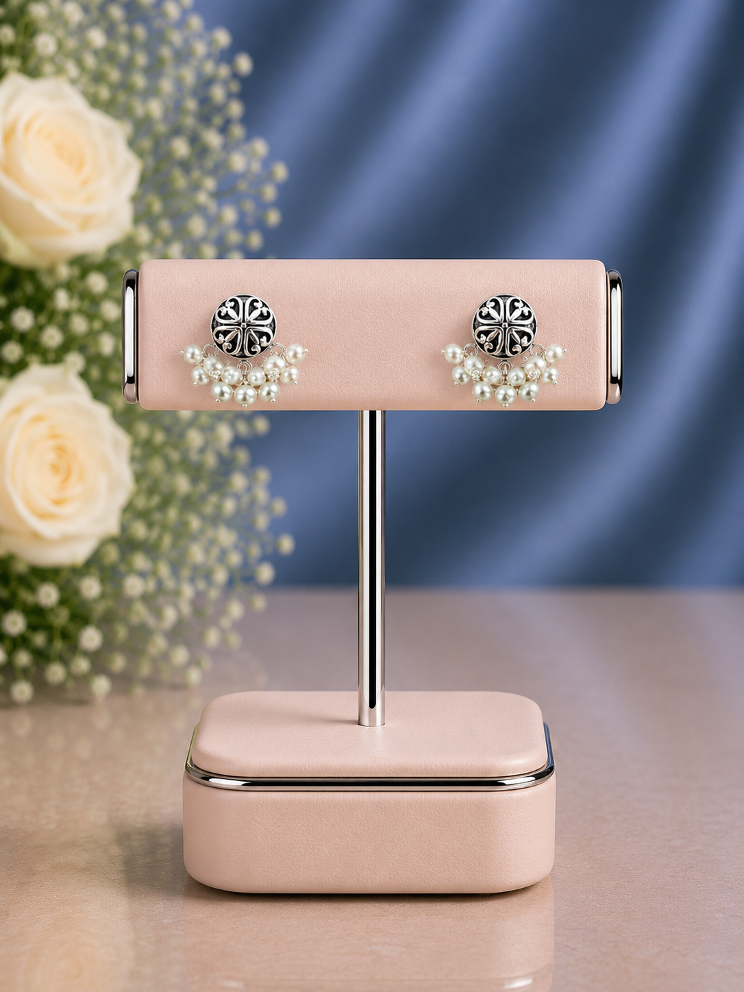 1 cm diameter oxidized finish carving work studs with pearl clusters in pure silver