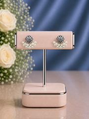 1 cm diameter oxidized finish carving work studs with pearl clusters in pure silver