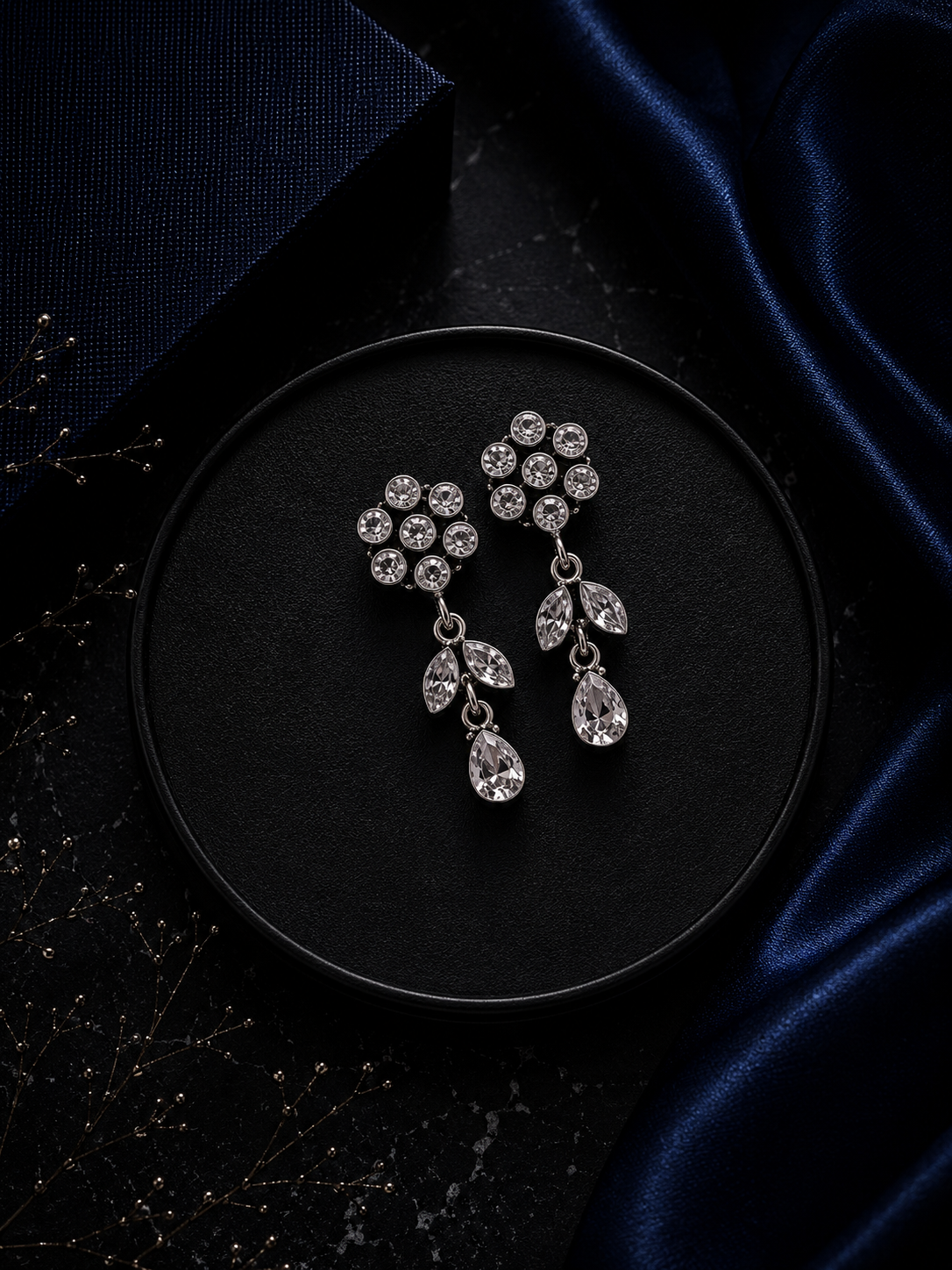 Cz stone flower + leaf pattern 3.5 cm long dangling studs in pure silver