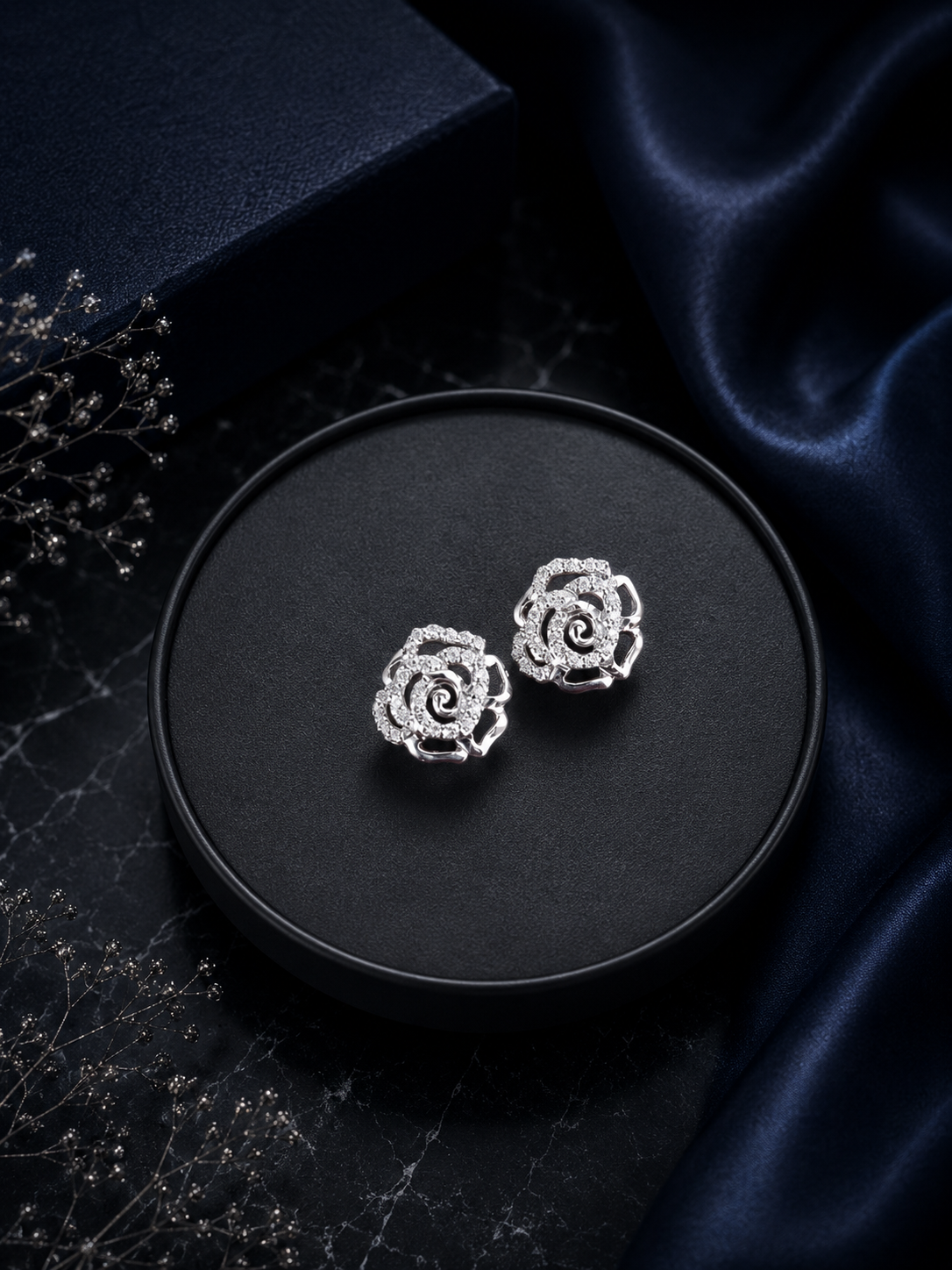 Rose pattern multi cz stone studs in pure silver