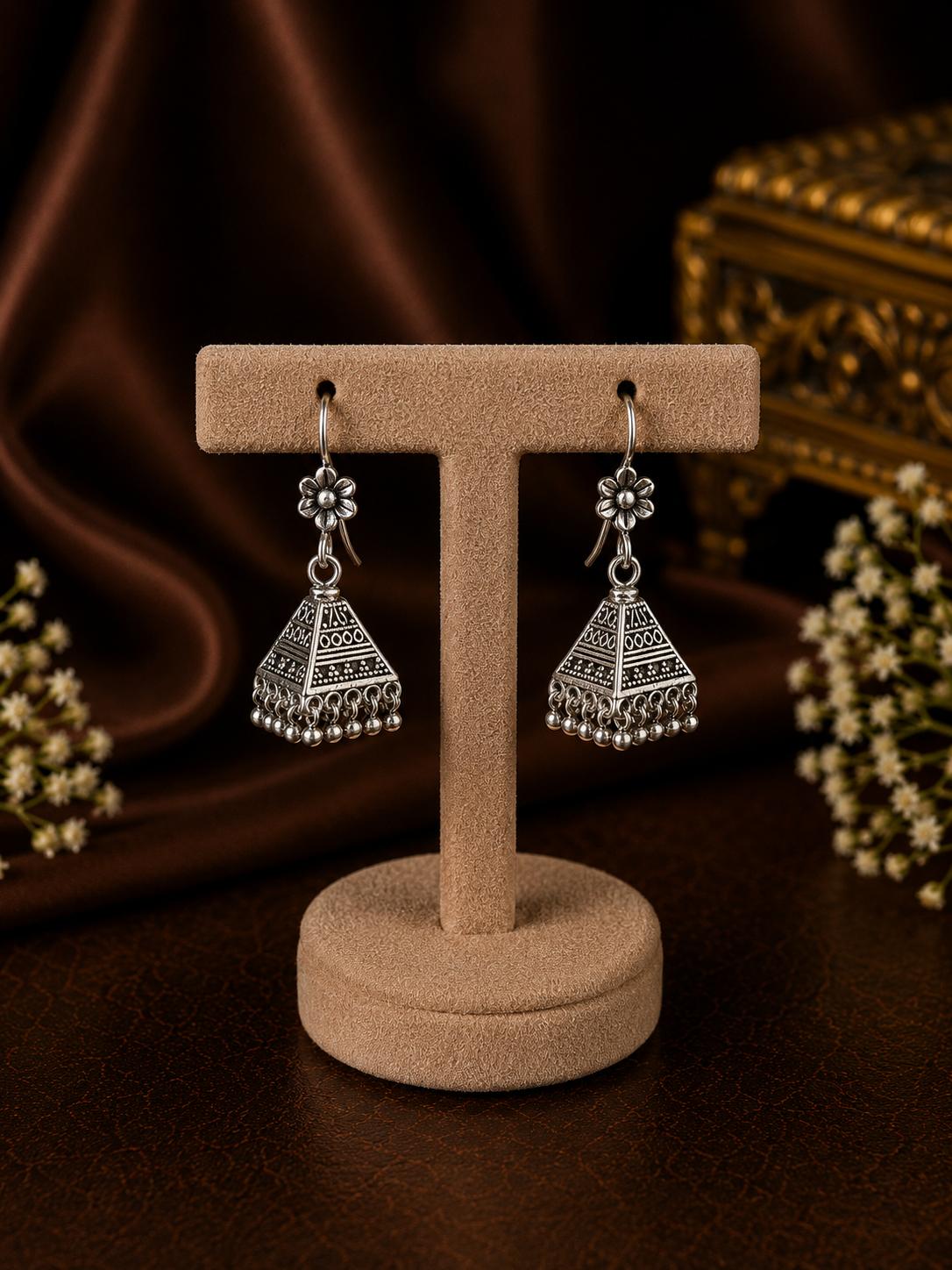 Pyramid jhumkas with flower hangings in pure silver
