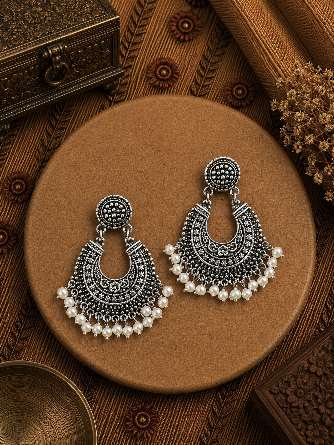 Chandbali style filigree work with pearl earrings in pure silver