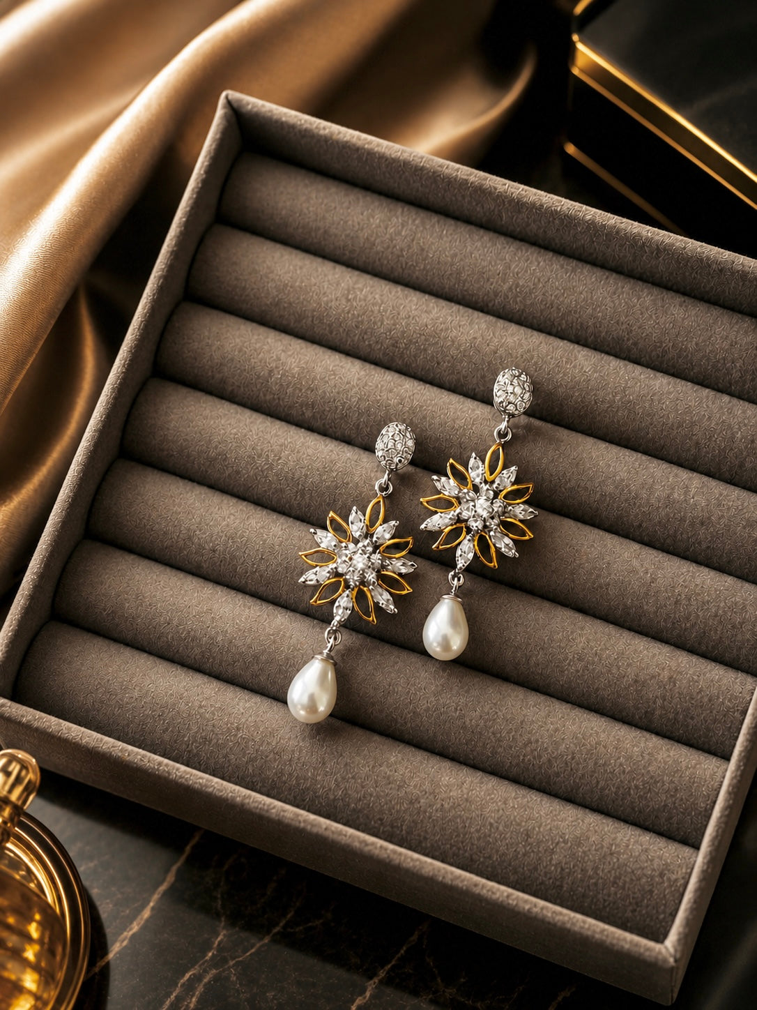 Flower danglers with oval studs and a pearl drop in two ton tone look made in pure silver with 22 kt. gold plating