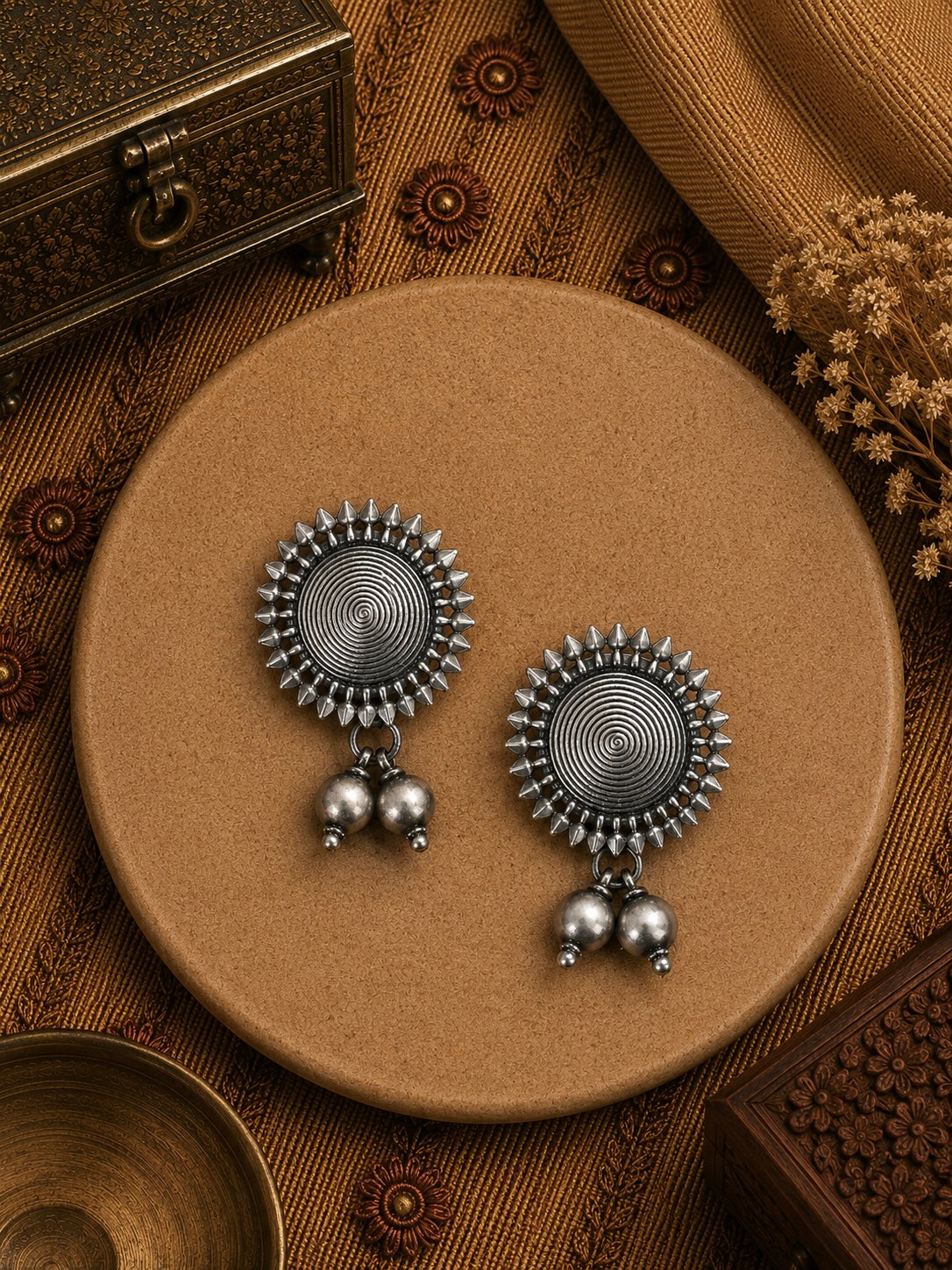 3cm diameter antique finish studs with ball hangings in pure silver